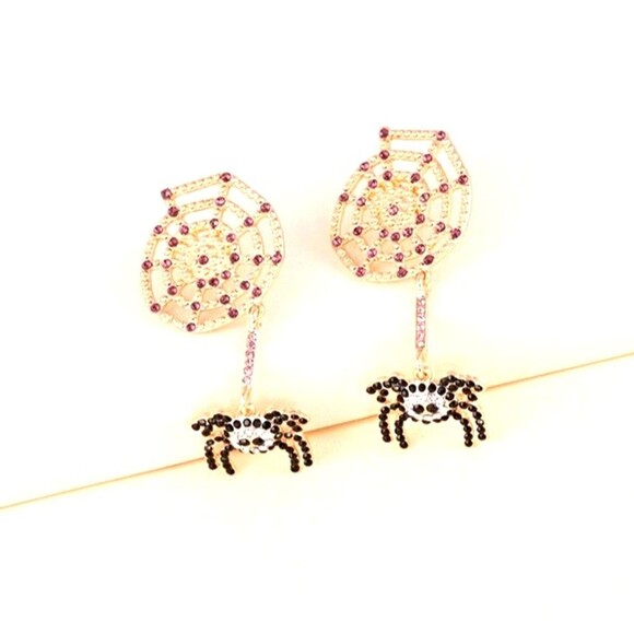 Halloween Earrings, Rhinestone Spider Dangling on Web, Black/Gold/Purple - 2.75" - Picture 2 of 5